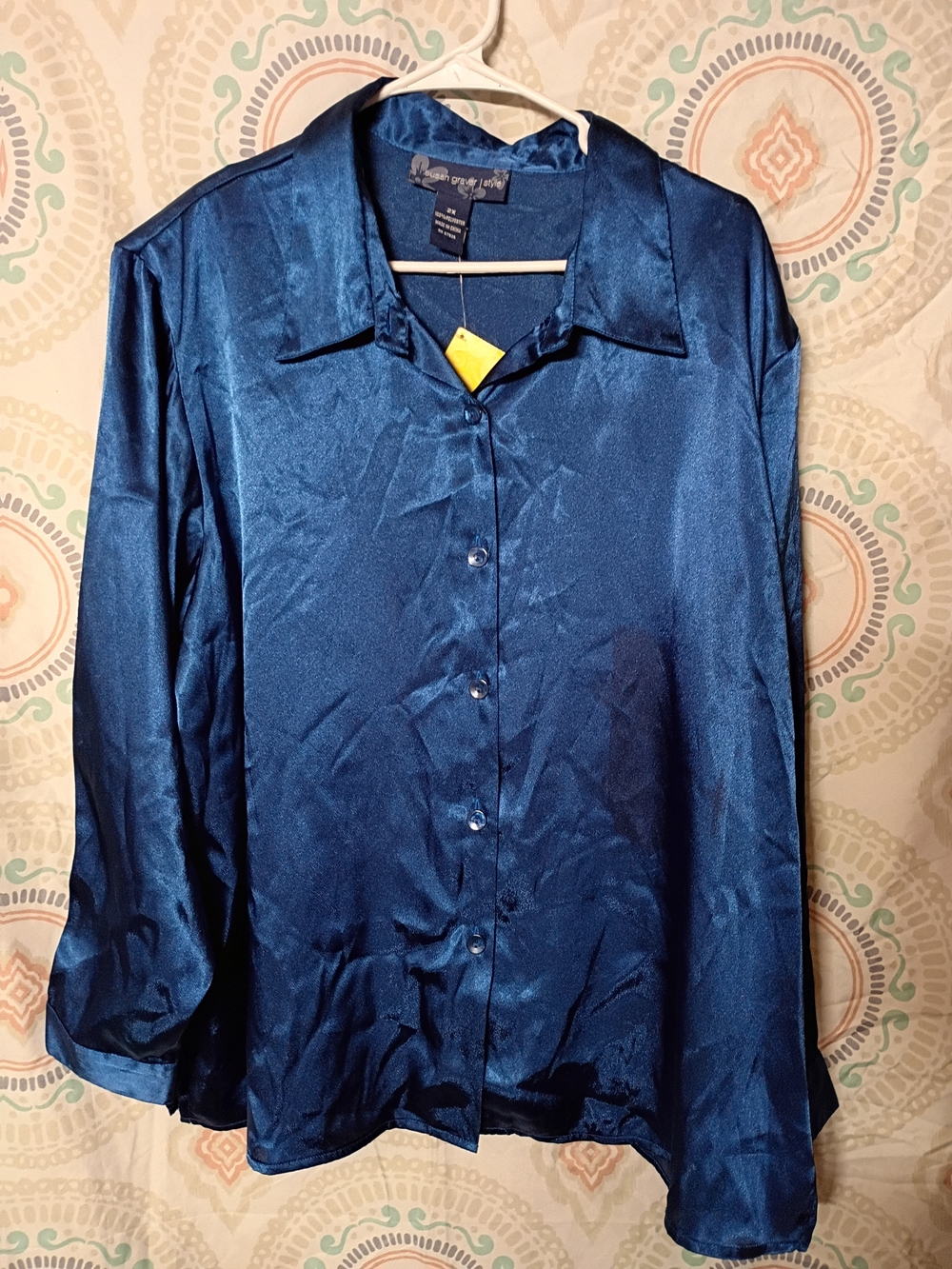 Susan Graver Satin Button-Down Shirt in Deep Blue